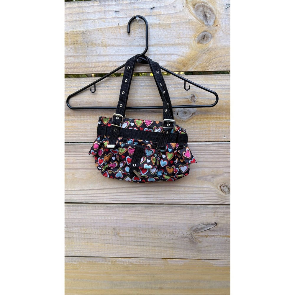Vintage Y2K Multicolor Heart Print Mini Shoulder Bag Black Webbing Buckle Straps